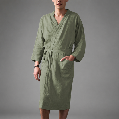 Men's Linen Bathrobe – Modern V-Neck Design with Practical Pockets