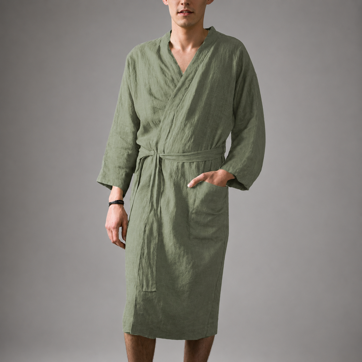 Men's Linen Bathrobe – Modern V-Neck Design with Practical Pockets