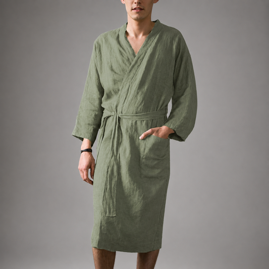 Men's Linen Bathrobe – Modern V-Neck Design with Practical Pockets
