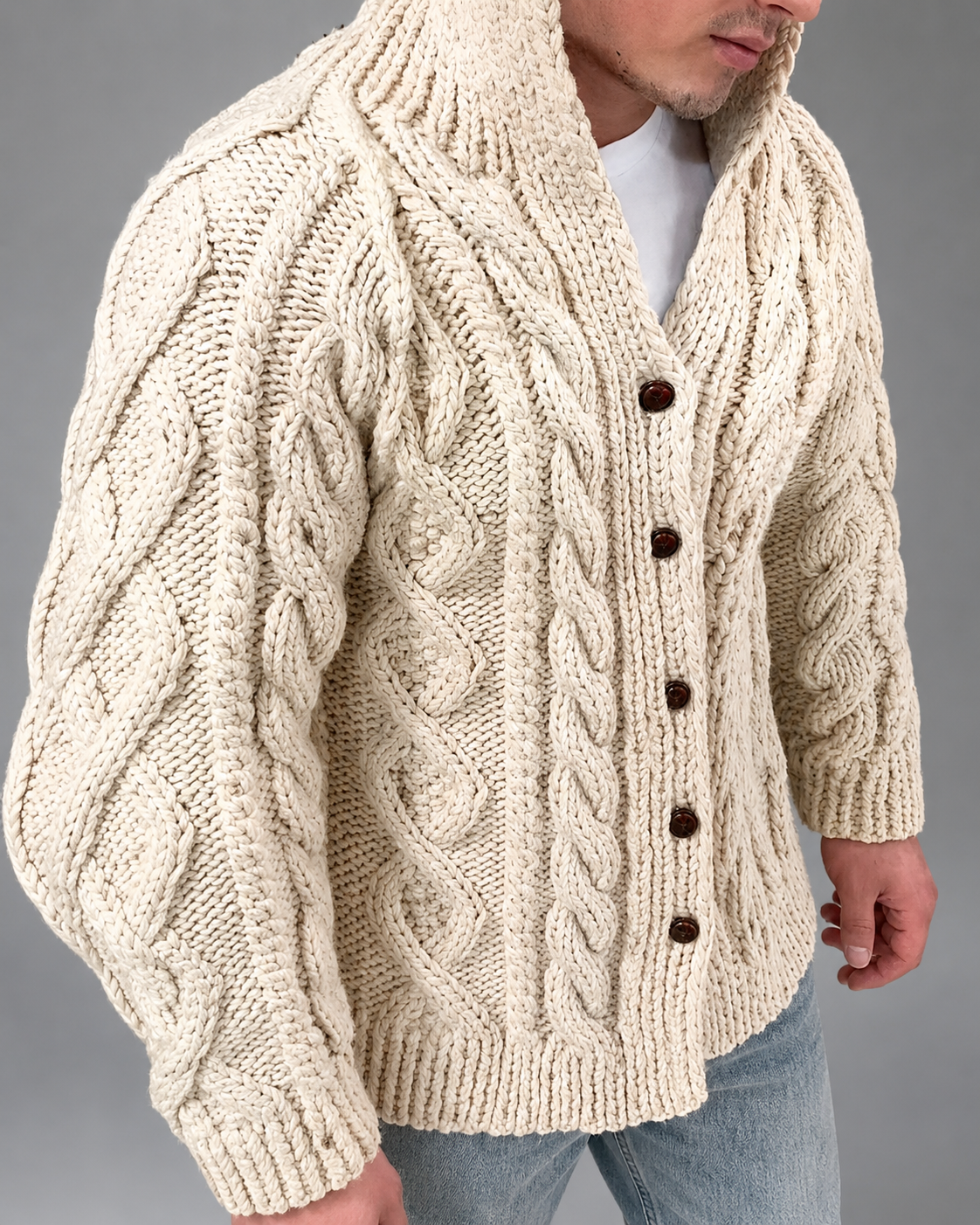 Men's Cable Knit Cardigan – Oversized Fit with Batwing Sleeves