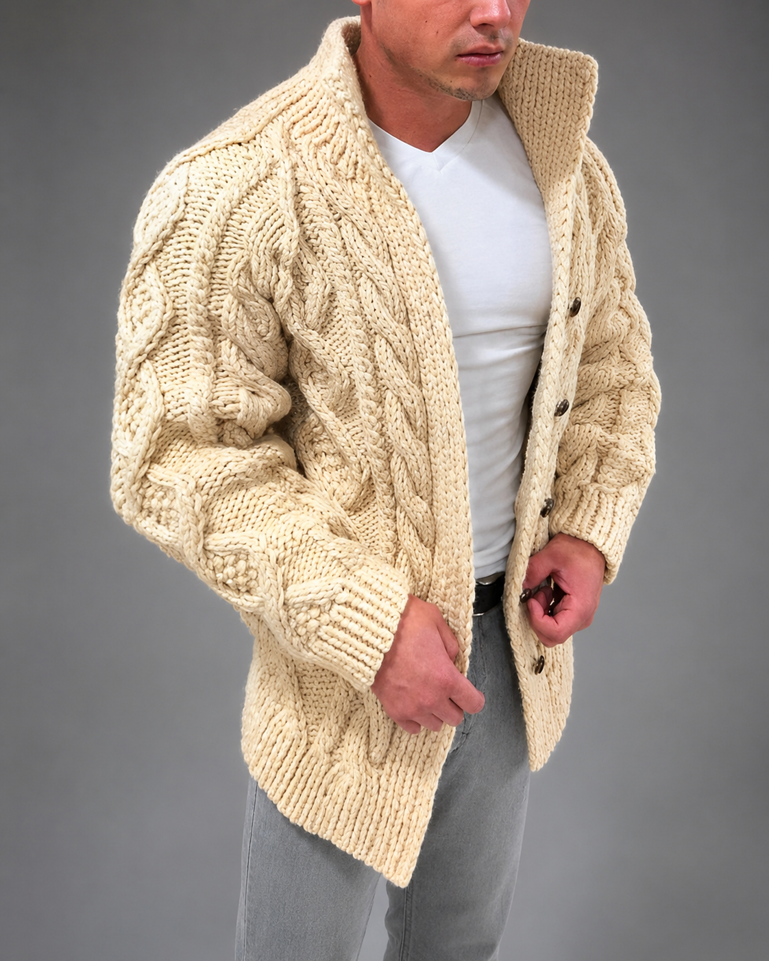 Men's Cable Knit Cardigan – Oversized Fit with Batwing Sleeves