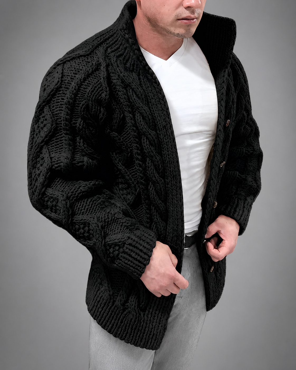 Men's Cable Knit Cardigan – Oversized Fit with Batwing Sleeves