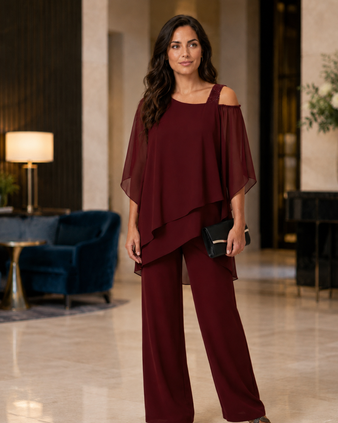 Women's Polyester Jumpsuit – Cold Shoulder with Straight-Leg Trousers