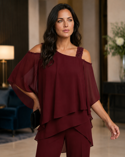 Women's Polyester Jumpsuit – Cold Shoulder with Straight-Leg Trousers