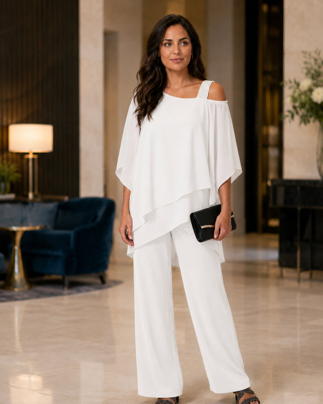 Women's Polyester Jumpsuit – Cold Shoulder with Straight-Leg Trousers