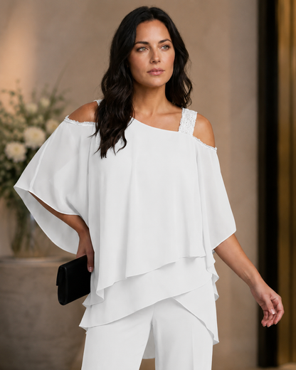 Women's Polyester Jumpsuit – Cold Shoulder with Straight-Leg Trousers