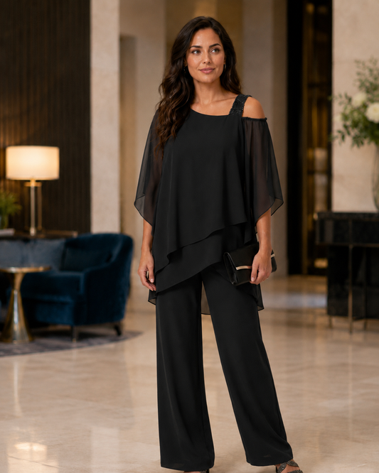 Women's Polyester Jumpsuit – Cold Shoulder with Straight-Leg Trousers