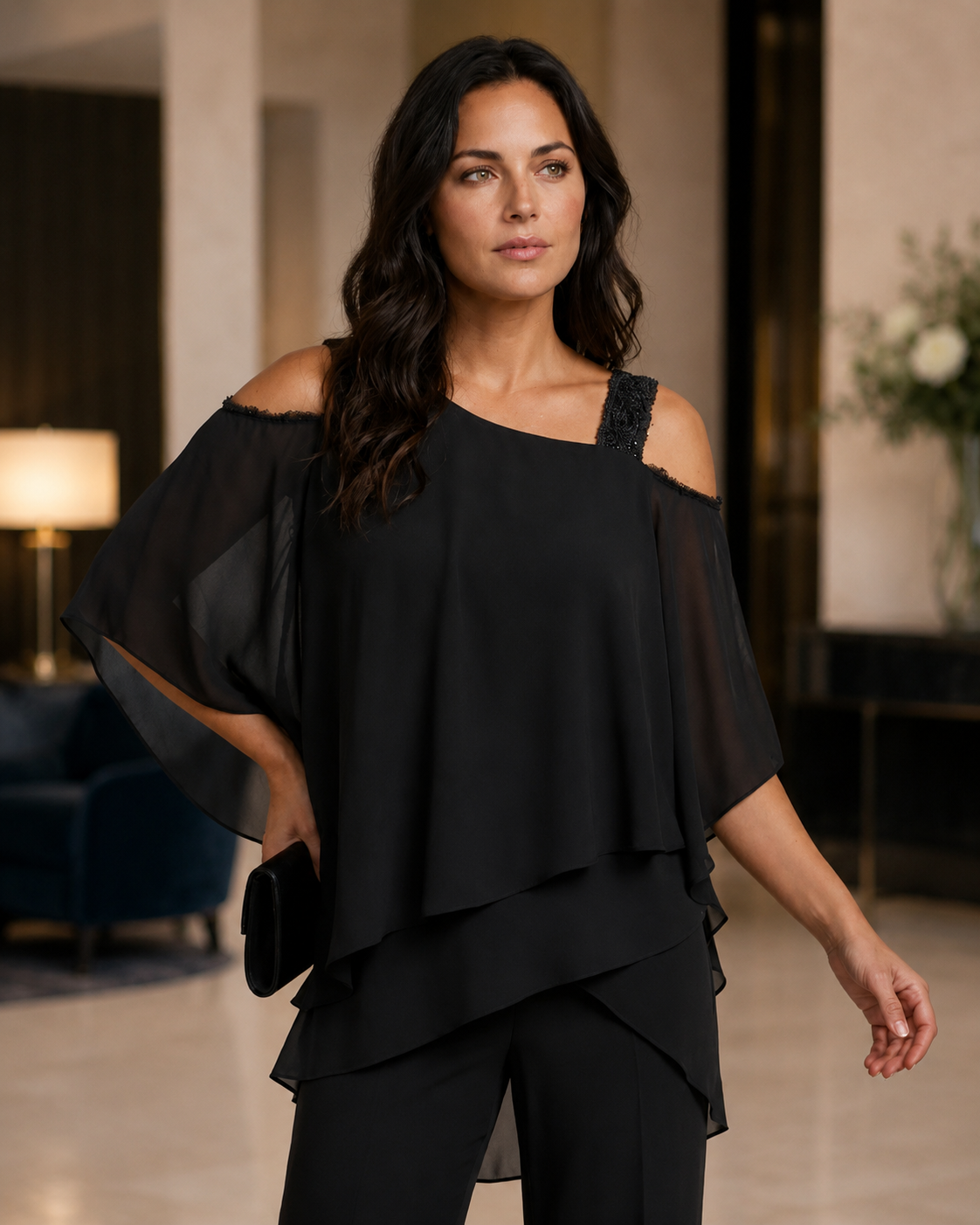 Women's Polyester Jumpsuit – Cold Shoulder with Straight-Leg Trousers