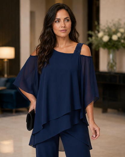 Women's Polyester Jumpsuit – Cold Shoulder with Straight-Leg Trousers