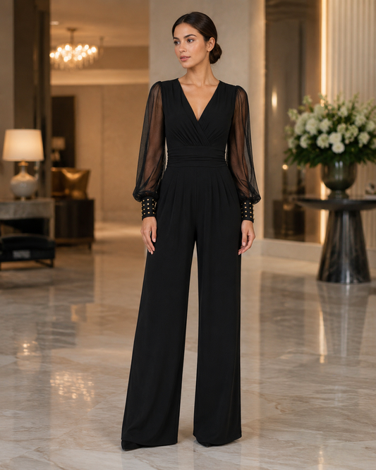 Women's Wide-Leg Jumpsuit – V-Neck with Sheer Mesh Sleeves
