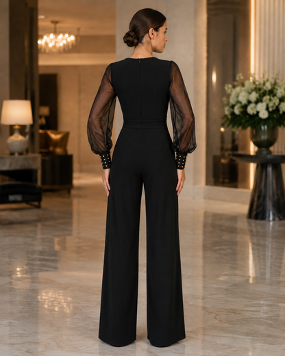 Women's Wide-Leg Jumpsuit – V-Neck with Sheer Mesh Sleeves