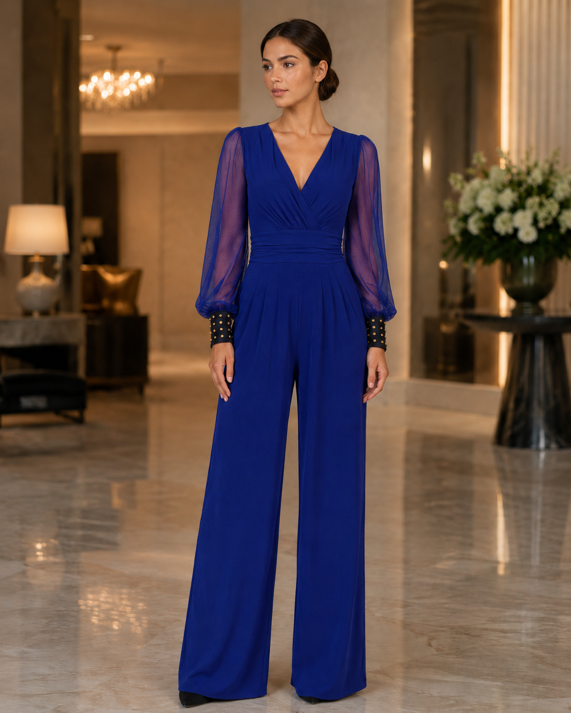 Women's Wide-Leg Jumpsuit – V-Neck with Sheer Mesh Sleeves