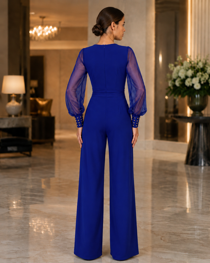 Women's Wide-Leg Jumpsuit – V-Neck with Sheer Mesh Sleeves