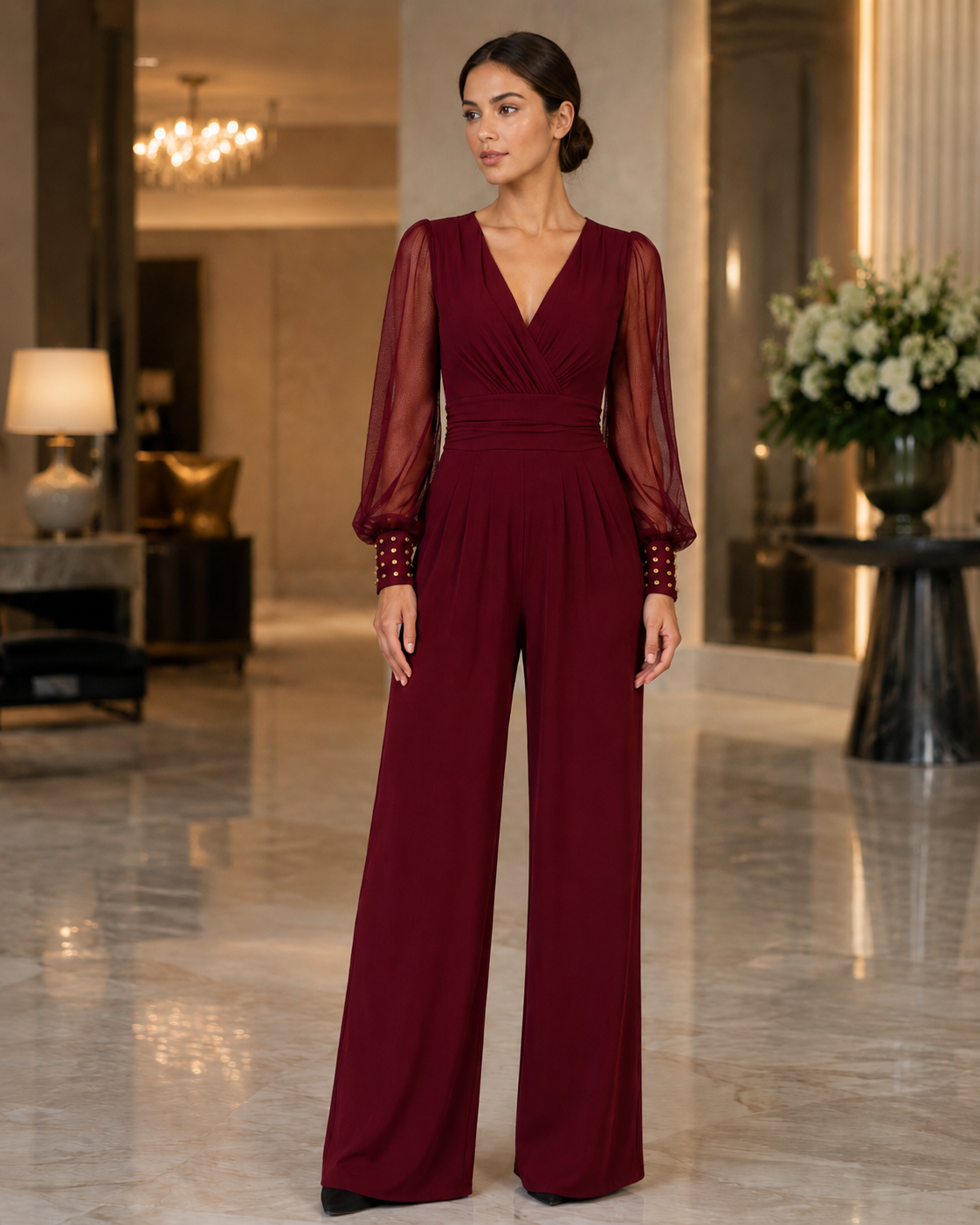 Women's Wide-Leg Jumpsuit – V-Neck with Sheer Mesh Sleeves