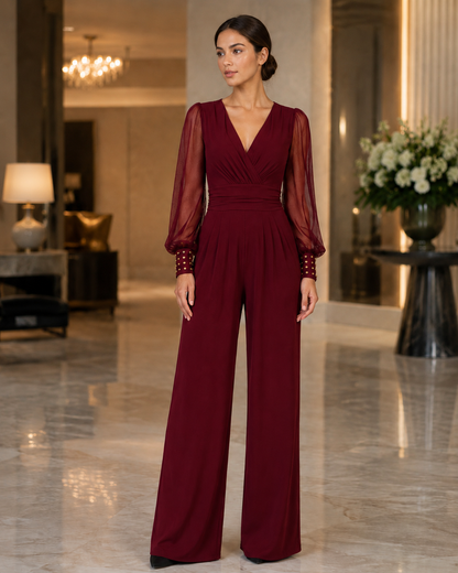 Women's Wide-Leg Jumpsuit – V-Neck with Sheer Mesh Sleeves