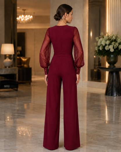 Women's Wide-Leg Jumpsuit – V-Neck with Sheer Mesh Sleeves