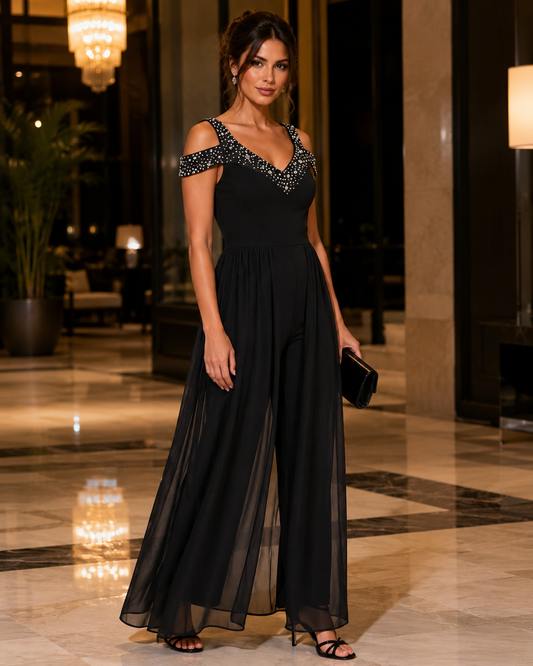Women's Black Polyester Wide-Leg Jumpsuit – Embellished V-Neckline, Cold-Shoulder Straps