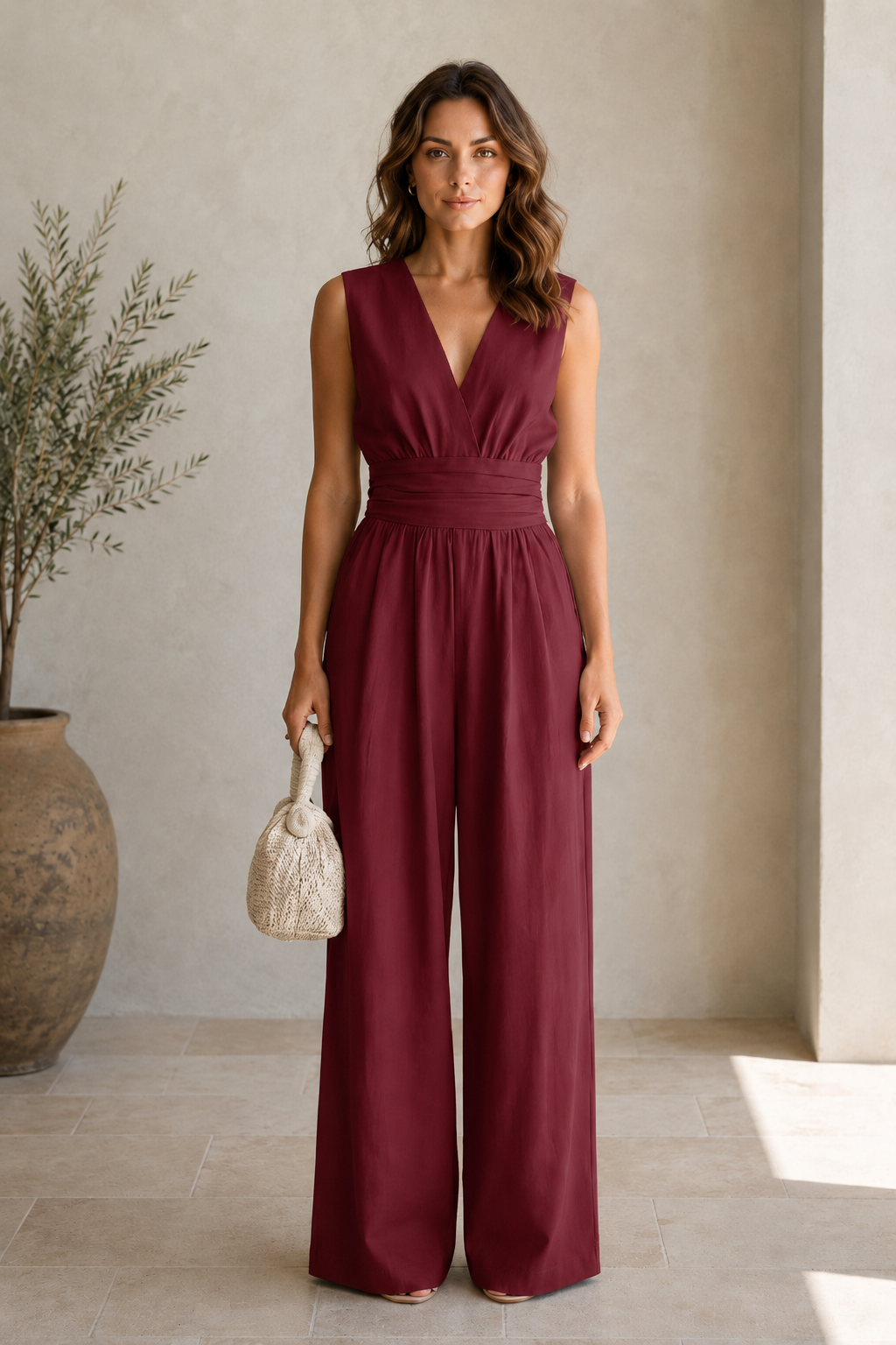 Women's Wide-Leg Sleeveless Jumpsuit – Deep V-Neckline with Sculpted Waist Panel