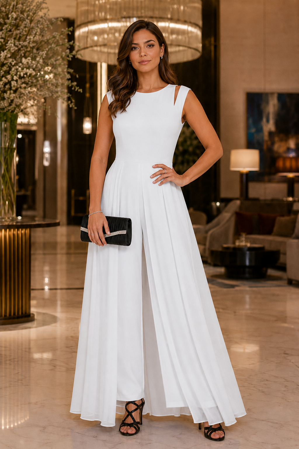 Women's Lightweight Polyester Sleeveless Jumpsuit – Wide Leg Trousers with Shoulder Cutout Detail