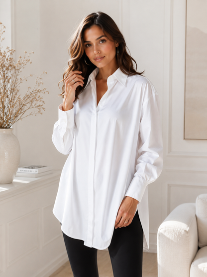 Women's Oversized Button Shirt Dress – Knee-Length with Adjustable Side Slit
