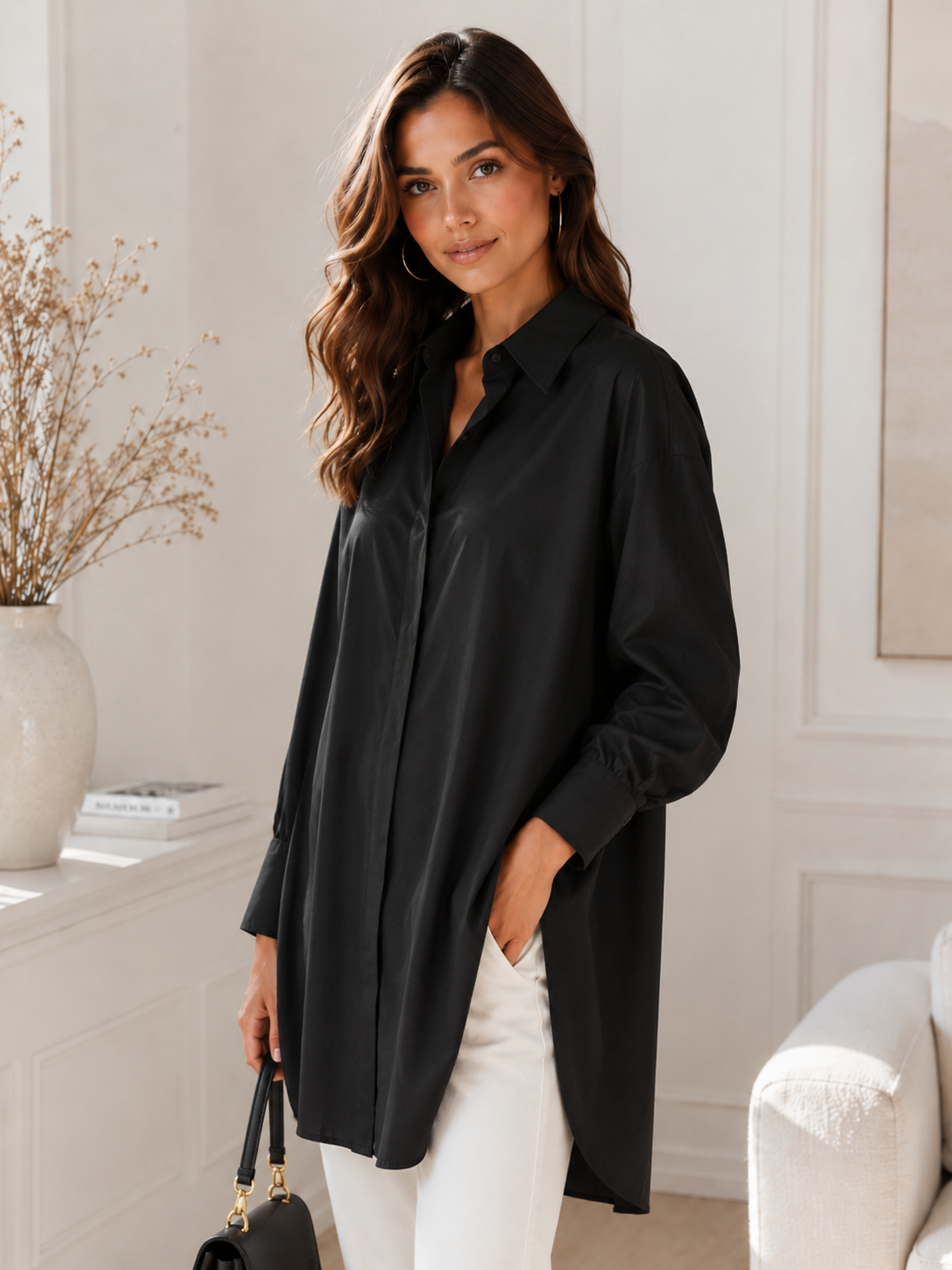 Women's Oversized Button Shirt Dress – Knee-Length with Adjustable Side Slit