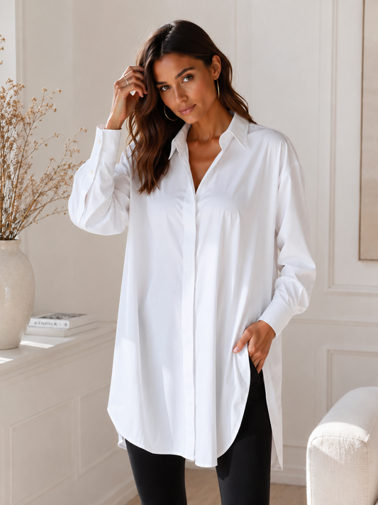 Women's Oversized Button Shirt Dress – Knee-Length with Adjustable Side Slit