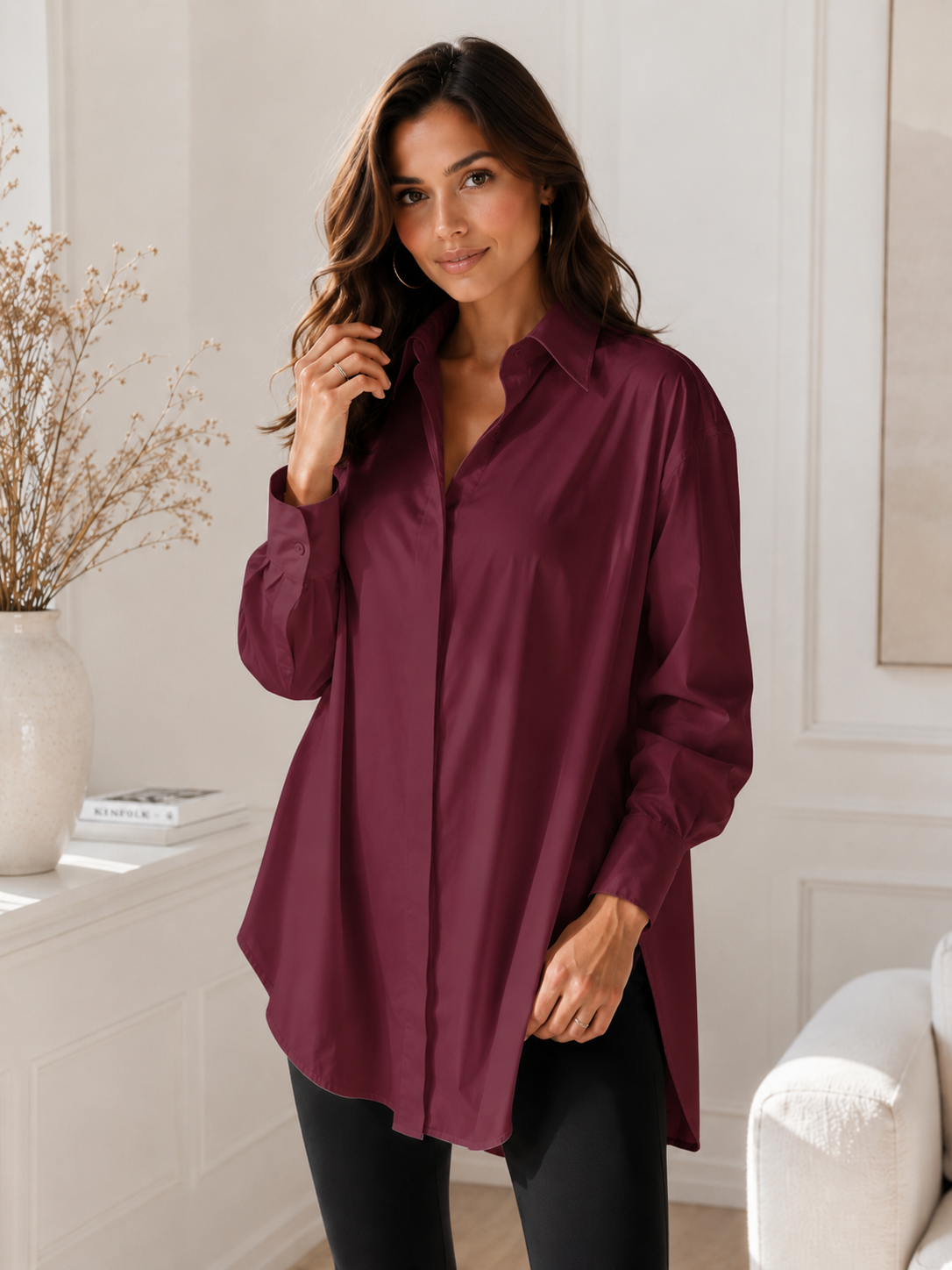 Women's Oversized Button Shirt Dress – Knee-Length with Adjustable Side Slit