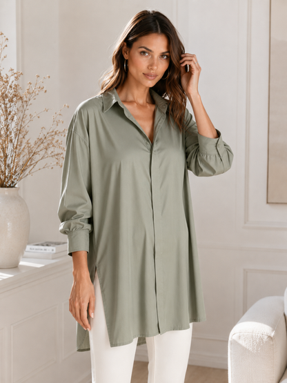 Women's Oversized Button Shirt Dress – Knee-Length with Adjustable Side Slit