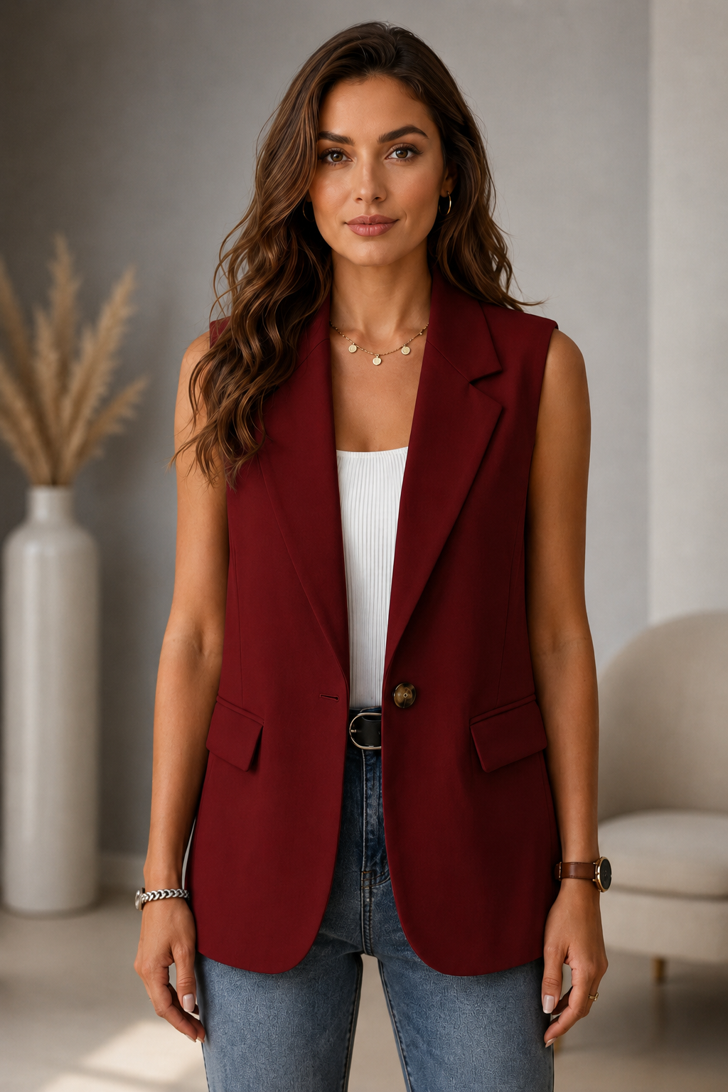 Women's Sleeveless Blazer – Notch Collar with Flap Pockets – Button Fastening
