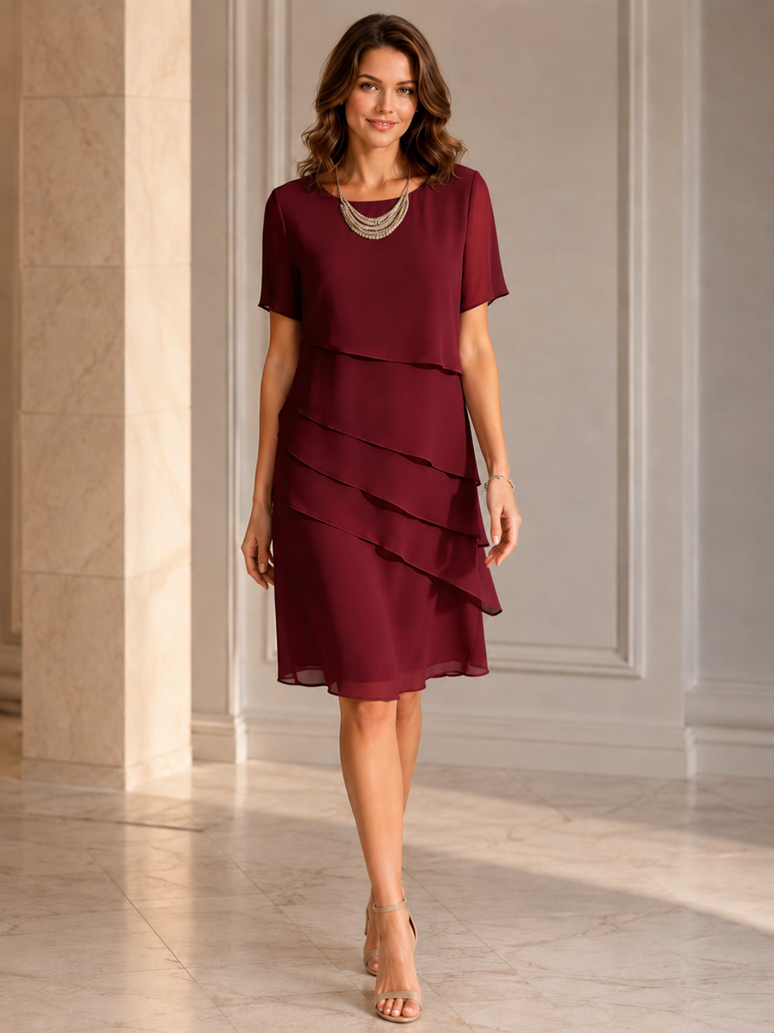 Women's Short Sleeve Dress – Layered Front Panel with Round Neckline
