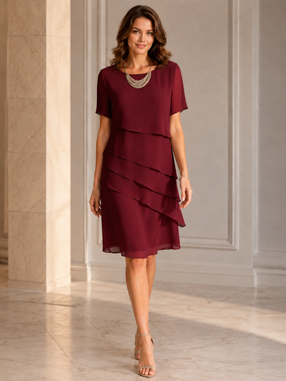 Women's Short Sleeve Dress – Layered Front Panel with Round Neckline