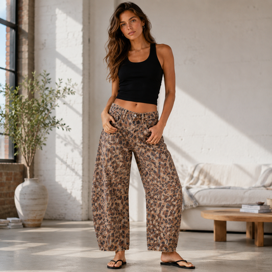 Women's Mid-Rise Barrel Leg Jeans – Loose Fit with Drawstring Waist