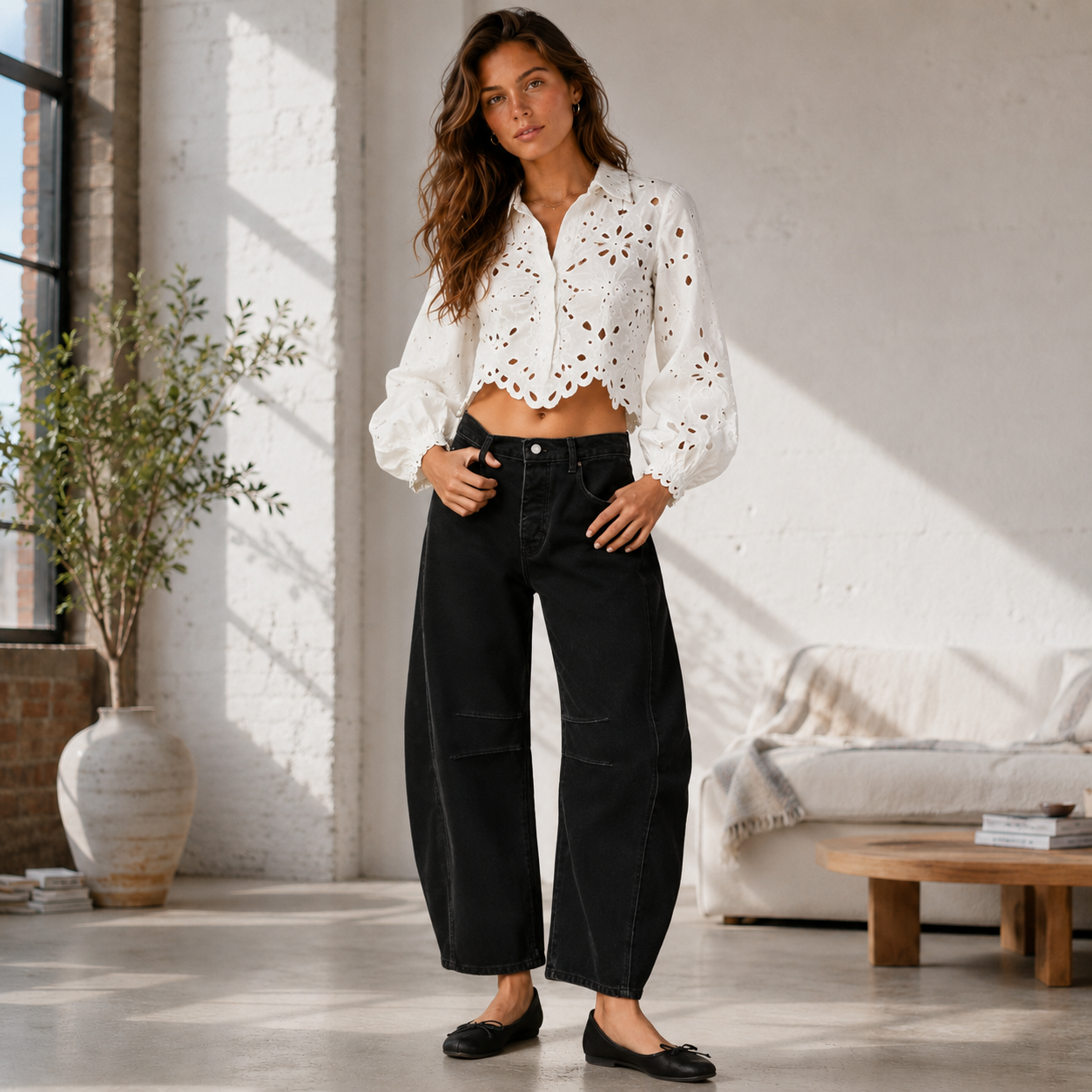 Women's Mid-Rise Barrel Leg Jeans – Loose Fit with Drawstring Waist