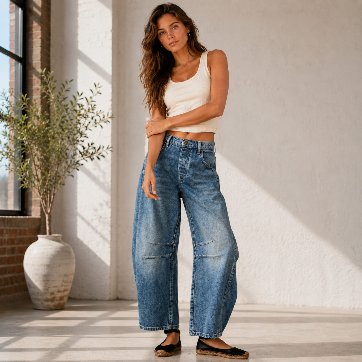 Women's Mid-Rise Barrel Leg Jeans – Loose Fit with Drawstring Waist