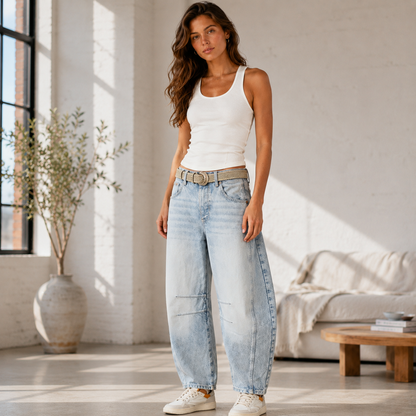 Women's Mid-Rise Barrel Leg Jeans – Loose Fit with Drawstring Waist