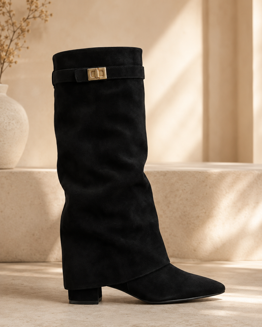 Women's Knee High Boots – Block Heel with Side Zip Closure – Suede and Leather Options