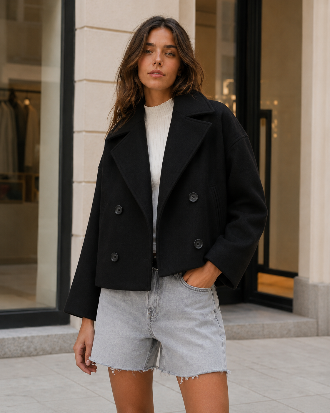Women's Short Double-Breasted Coat – Regular Fit for Autumn and Winter