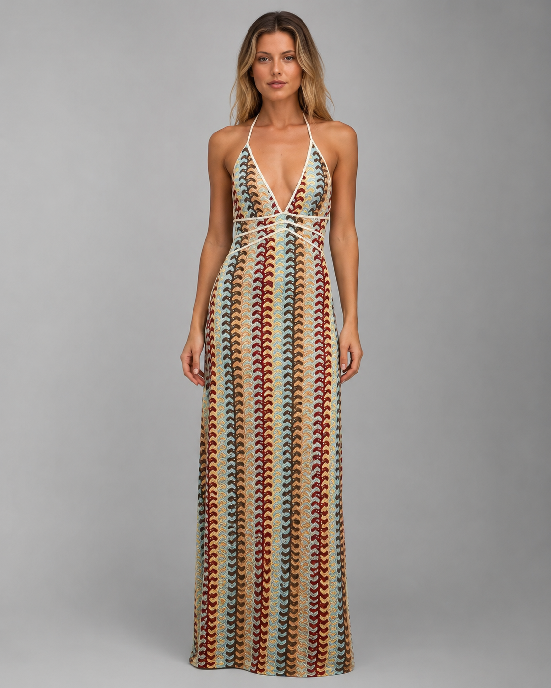 Women's Knitted Long Dress – Halter Neck with Backless Cut Out Design