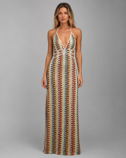 Women's Knitted Long Dress – Halter Neck with Backless Cut Out Design