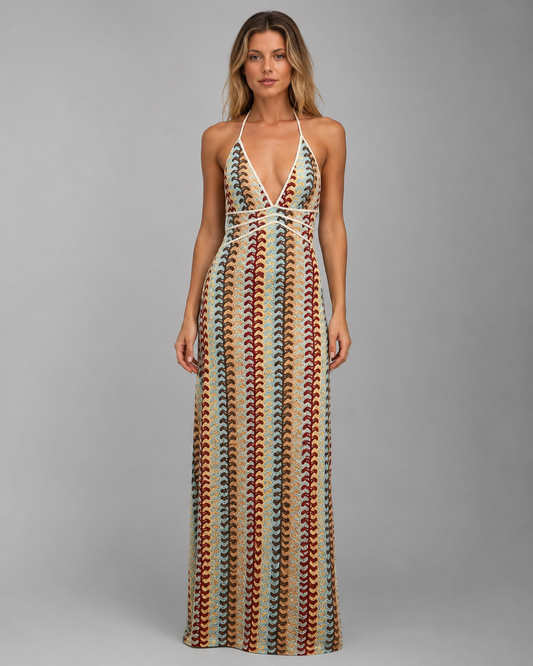 Women's Knitted Long Dress – Halter Neck with Backless Cut Out Design