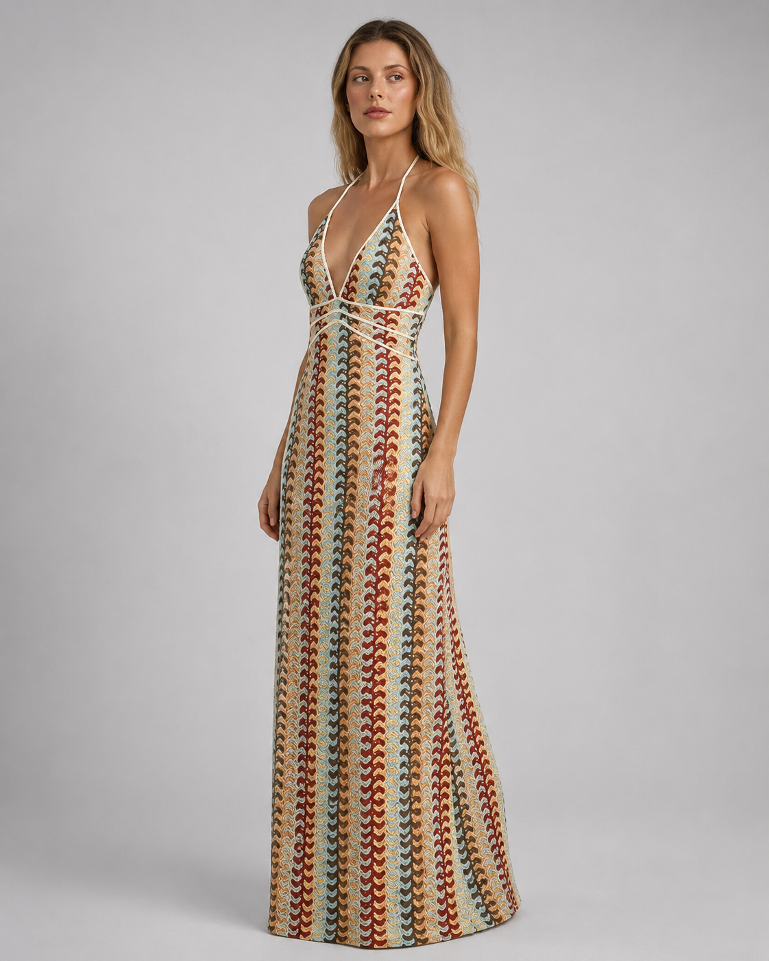 Women's Knitted Long Dress – Halter Neck with Backless Cut Out Design