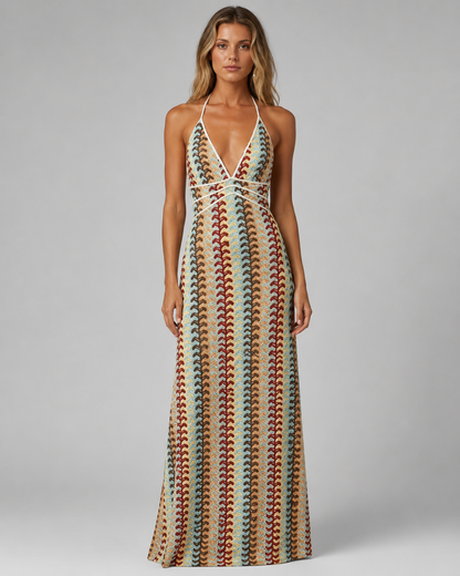 Women's Knitted Long Dress – Halter Neck with Backless Cut Out Design