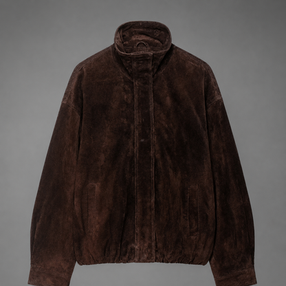 Women's Brown Suede Jacket – Loose Fit with Stand Collar and Pockets
