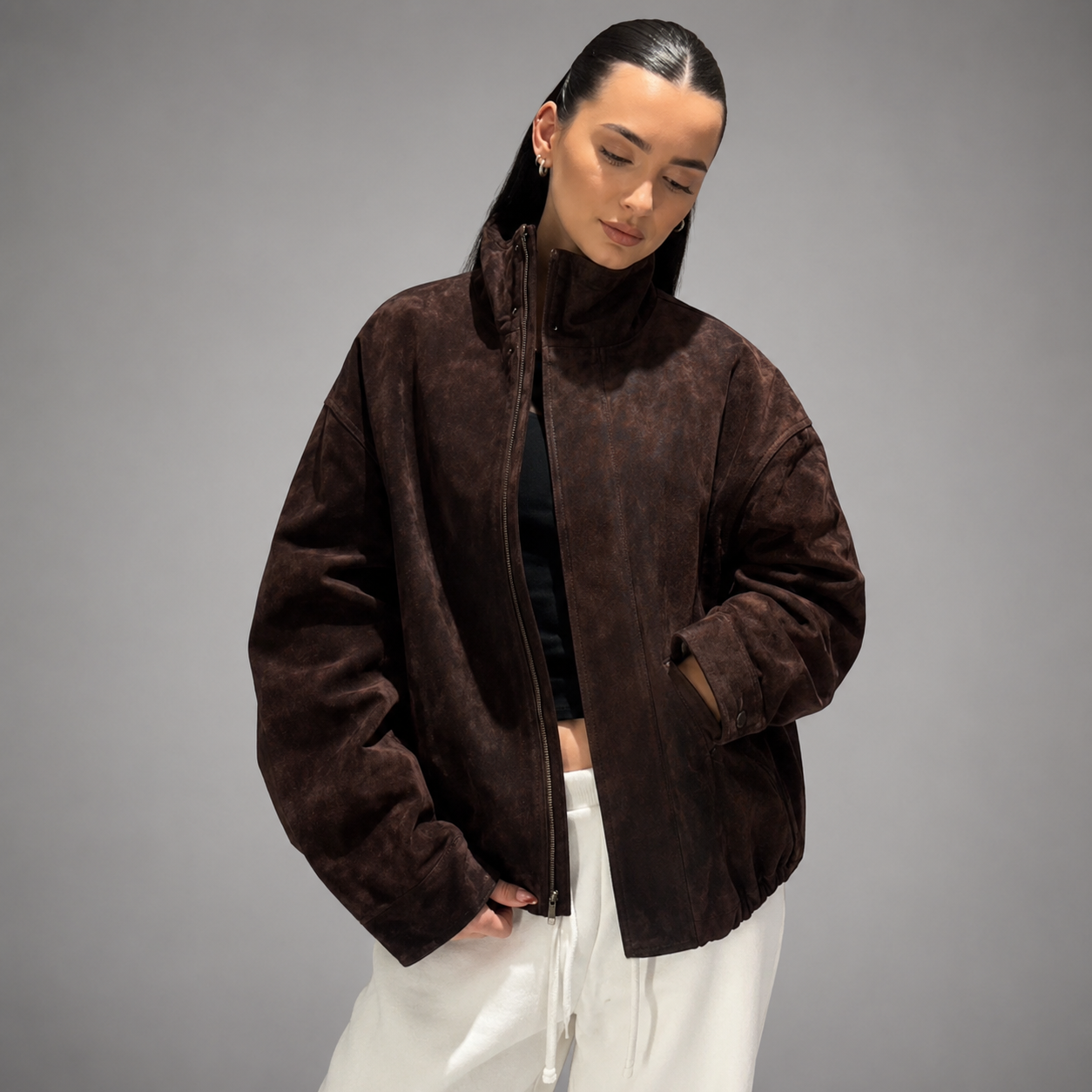 Women's Brown Suede Jacket – Loose Fit with Stand Collar and Pockets