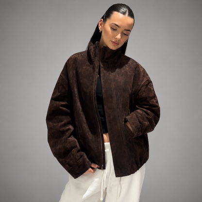 Women's Brown Suede Jacket – Loose Fit with Stand Collar and Pockets