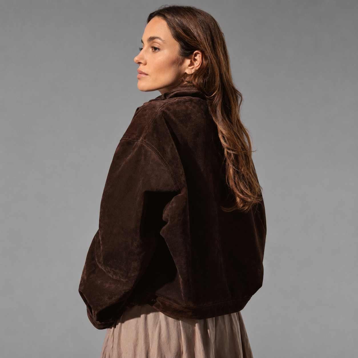 Women's Brown Suede Jacket – Loose Fit with Stand Collar and Pockets
