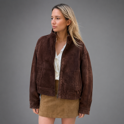 Women's Brown Suede Jacket – Loose Fit with Stand Collar and Pockets
