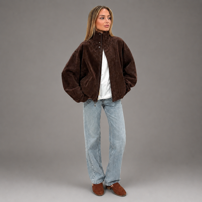 Women's Brown Suede Jacket – Loose Fit with Stand Collar and Pockets