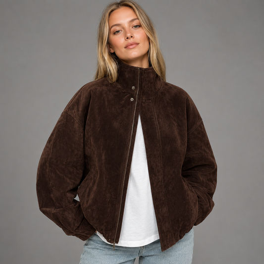 Women's Brown Suede Jacket – Loose Fit with Stand Collar and Pockets