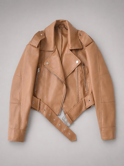 Women's Faux Leather Short Motorcycle Jacket – Belted with Zipper Lapel